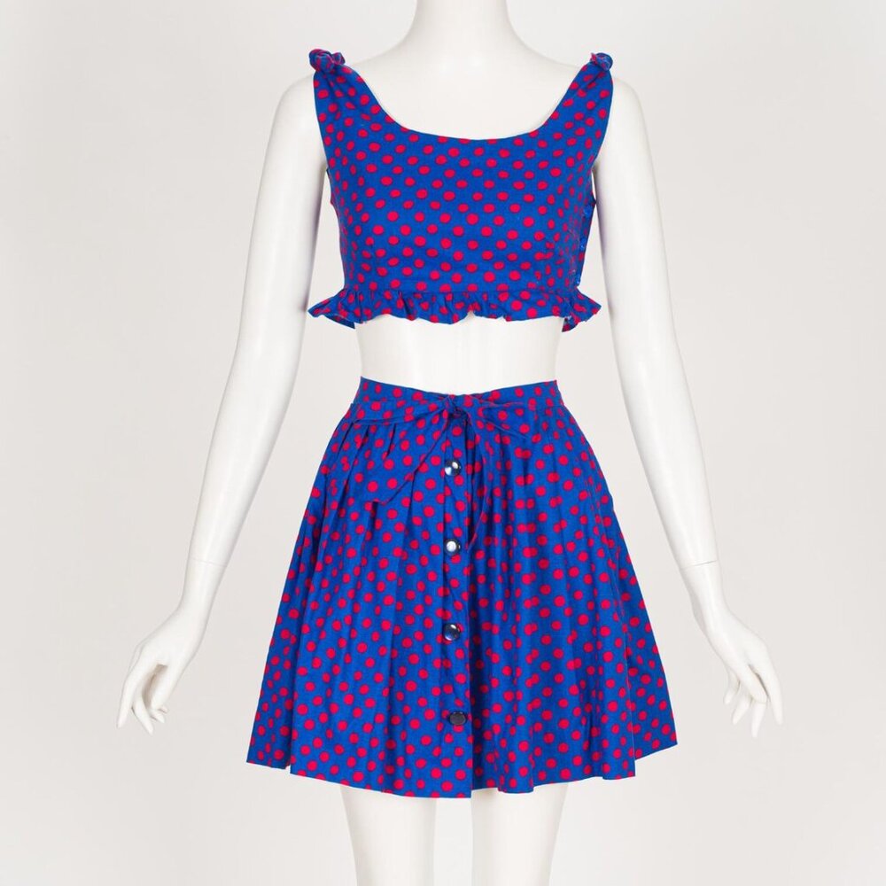 1970s Vintage Red & Blue Polka Dot Ruffled Tie-Up Cotton Crop Top Mini Skirt Set - Picture 4 of 6